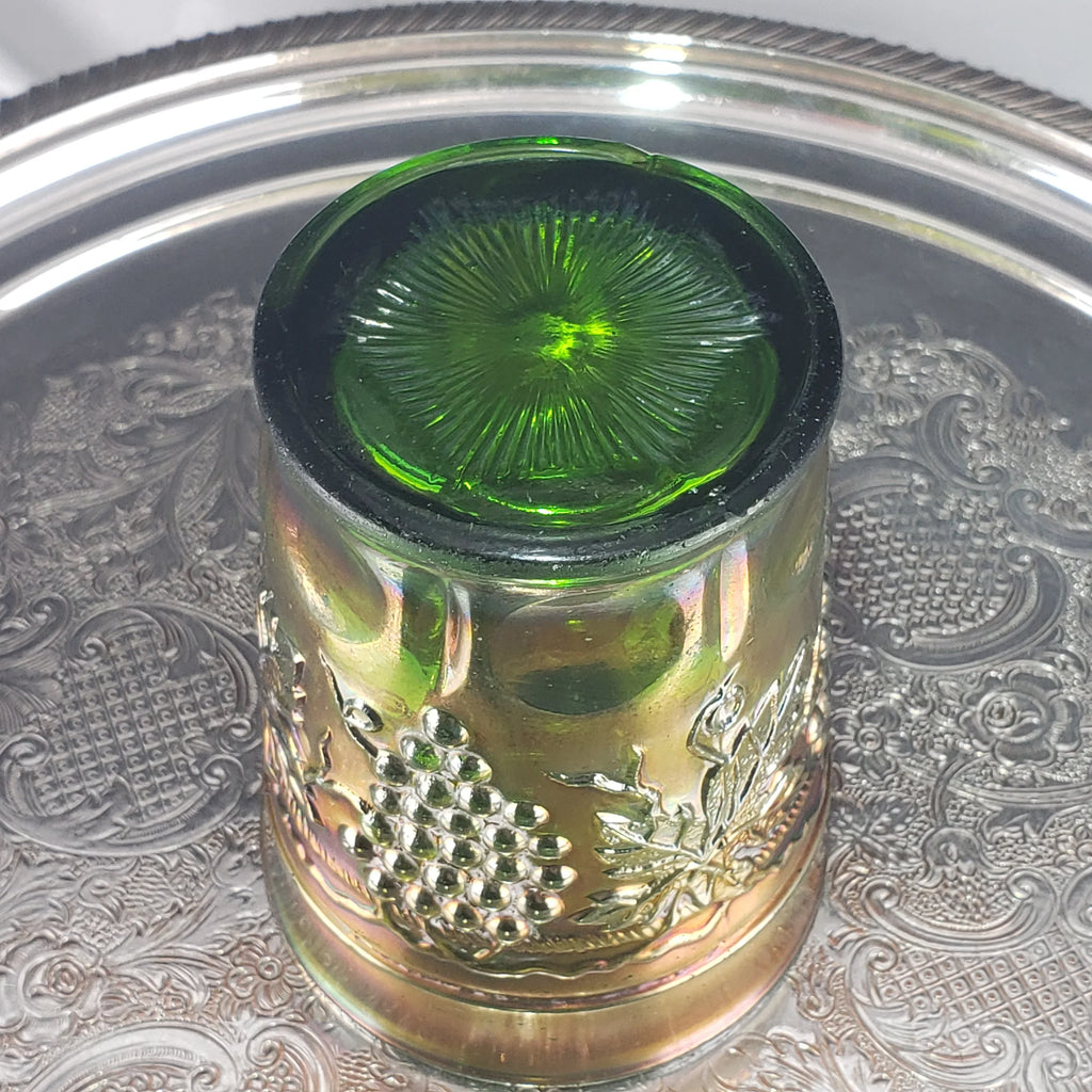 Antique Grape & Cable Tumbler – Northwood Glass – Green Carnival Glass – Early 1900s