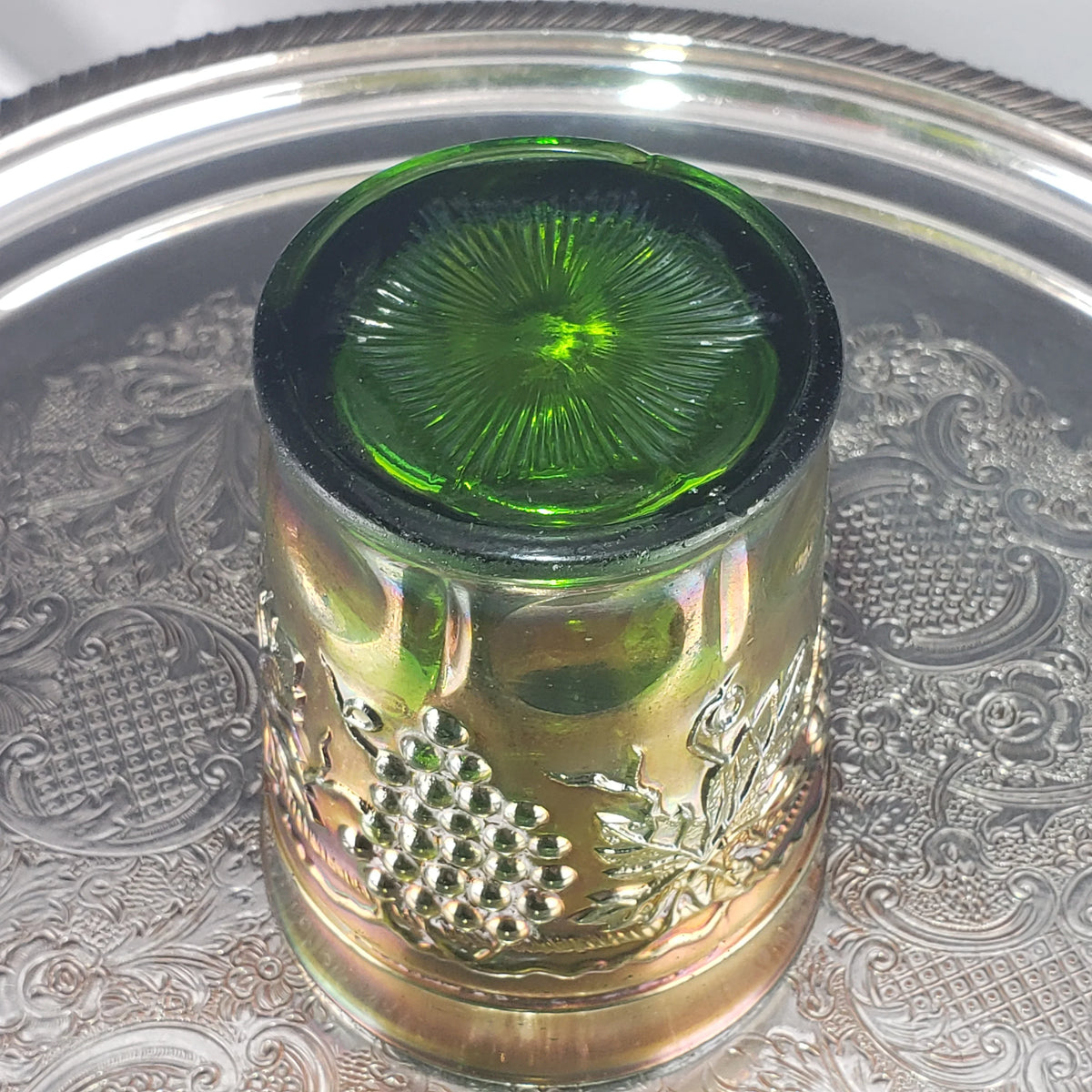Antique Grape & Cable Tumbler – Northwood Glass – Green Carnival Glass – Early 1900s