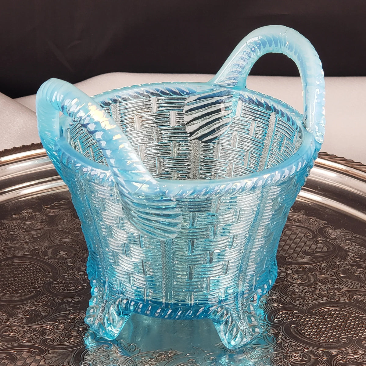 Antique Opalescent Blue Glass Bushel Basket – Northwood Glass – ca 1900