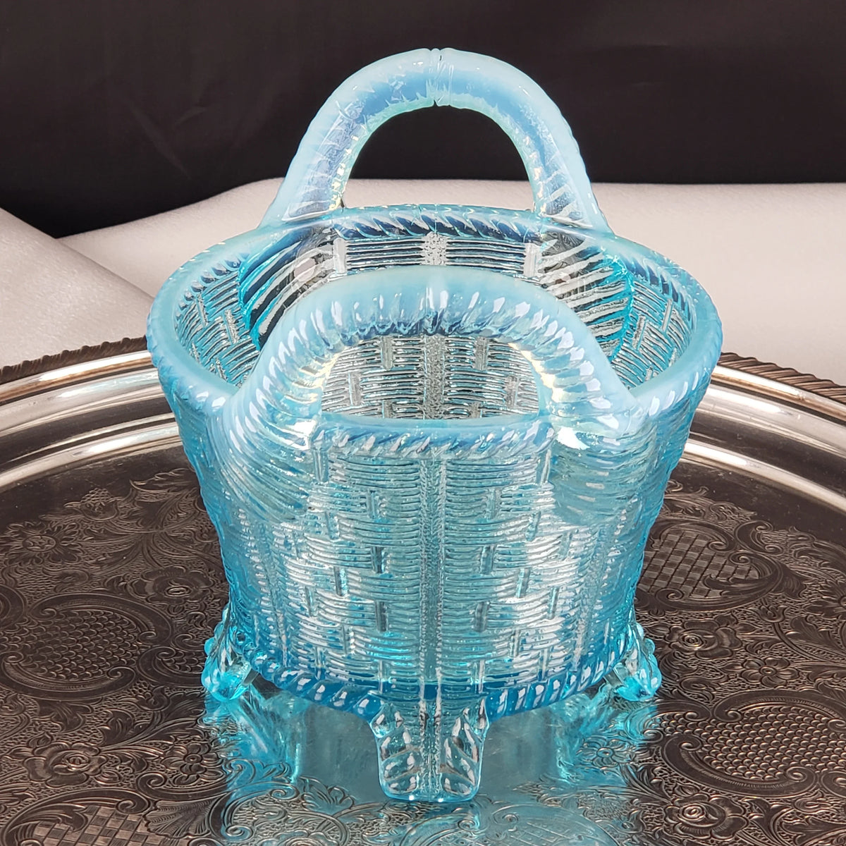 Antique Opalescent Blue Glass Bushel Basket – Northwood Glass – ca 1900