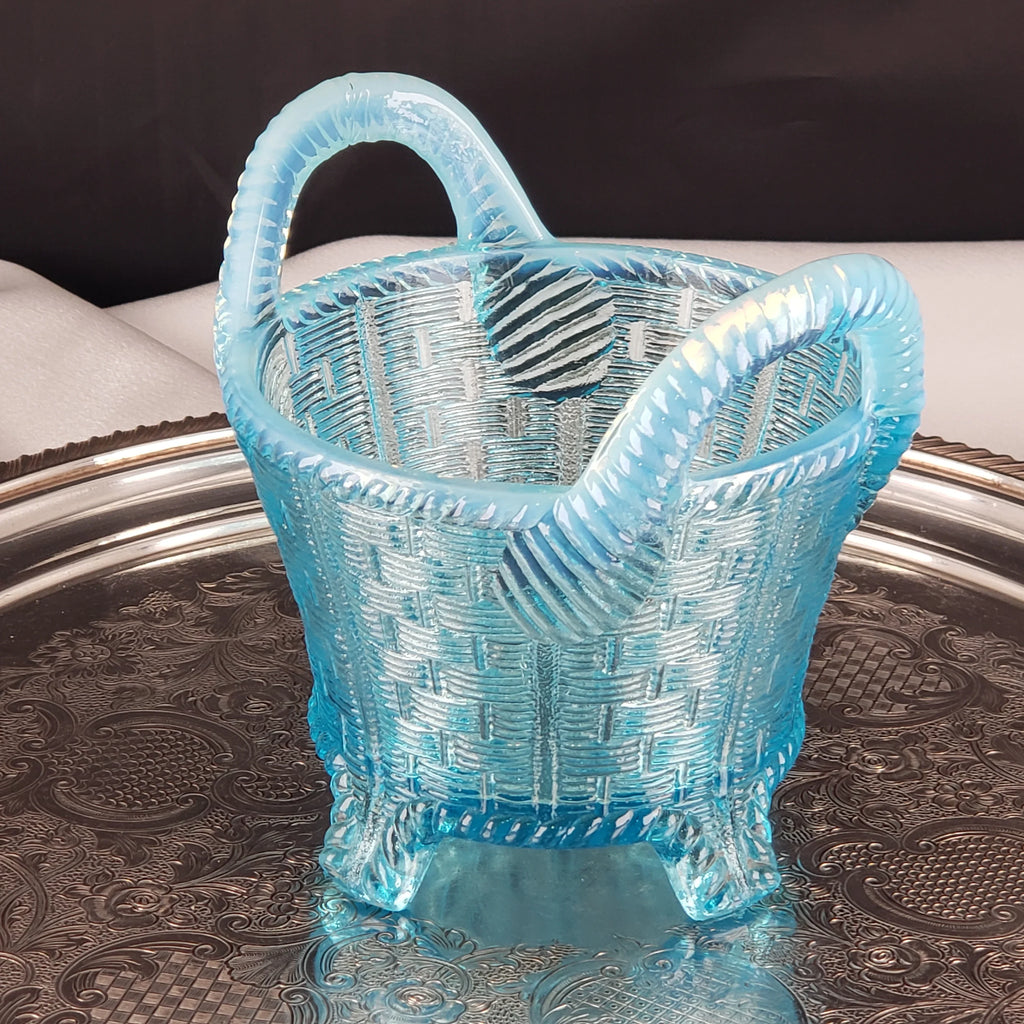 Antique Opalescent Blue Glass Bushel Basket – Northwood Glass – ca 1900