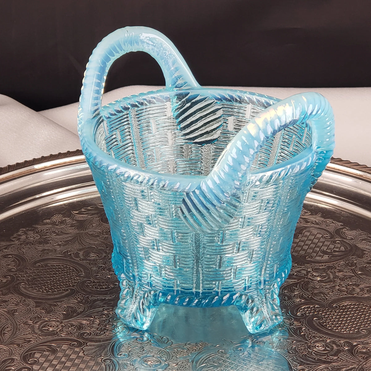 Antique Opalescent Blue Glass Bushel Basket – Northwood Glass – ca 1900