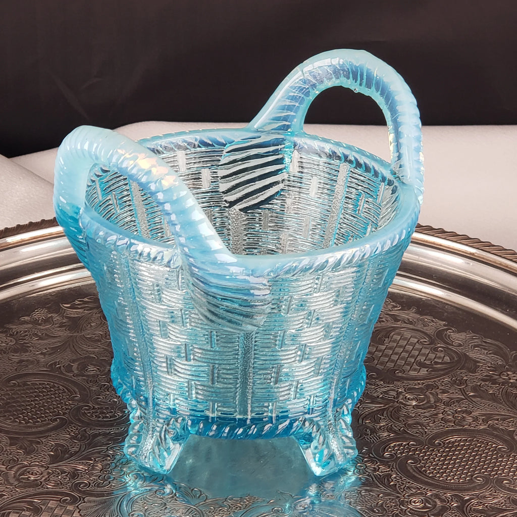 Antique Opalescent Blue Glass Bushel Basket – Northwood Glass – ca 1900