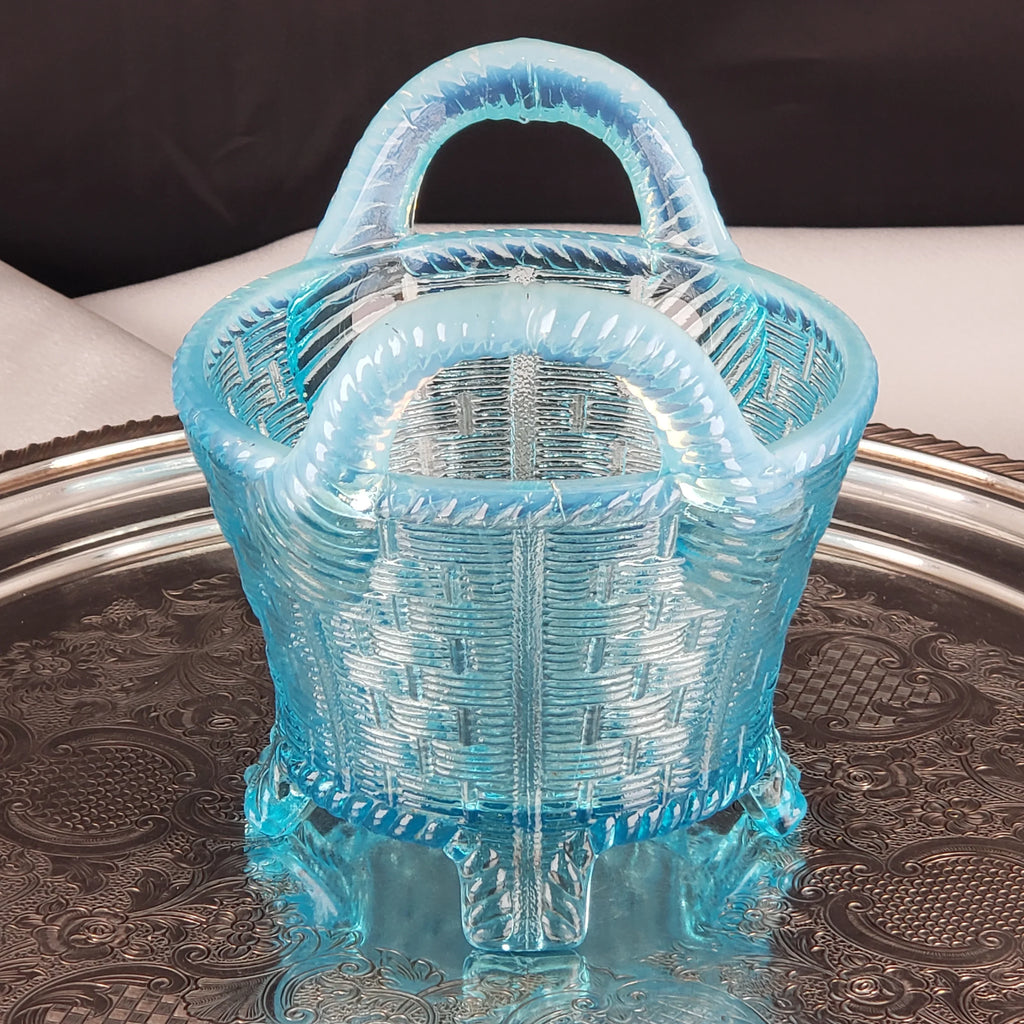 Antique Opalescent Blue Glass Bushel Basket – Northwood Glass – ca 1900