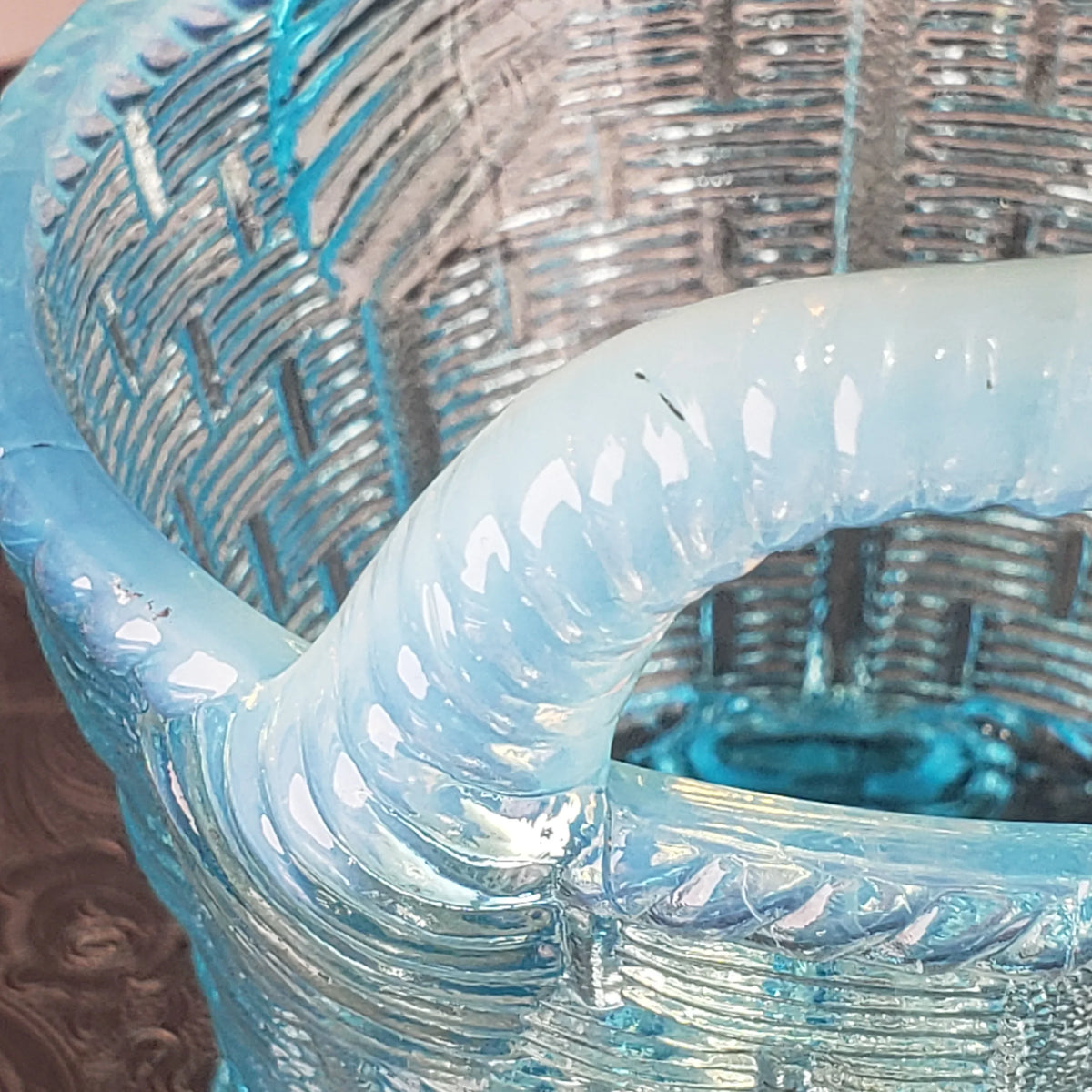 Antique Opalescent Blue Glass Bushel Basket – Northwood Glass – ca 1900