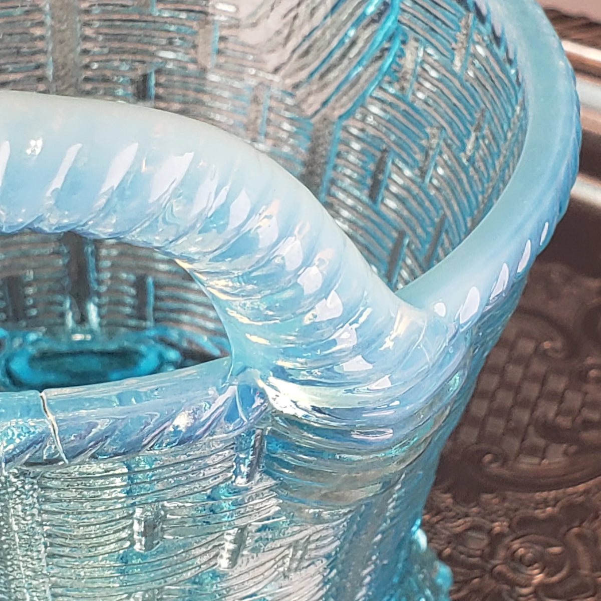 Antique Opalescent Blue Glass Bushel Basket – Northwood Glass – ca 1900
