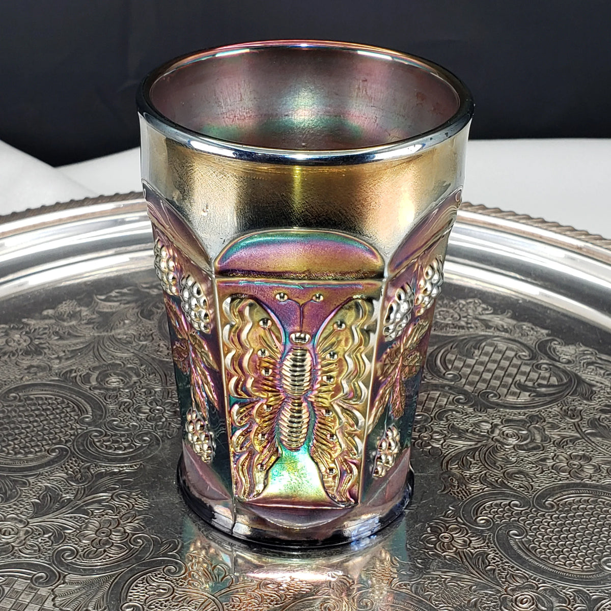 Antique Butterfly & Berry Tumbler – Fenton Carnival Glass in Cobalt Blue – Early 1900s