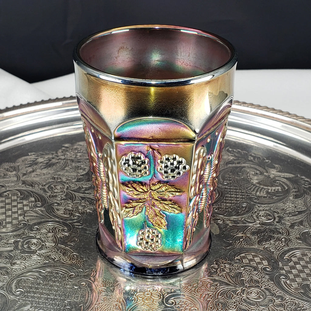Antique Butterfly & Berry Tumbler – Fenton Carnival Glass in Cobalt Blue – Early 1900s