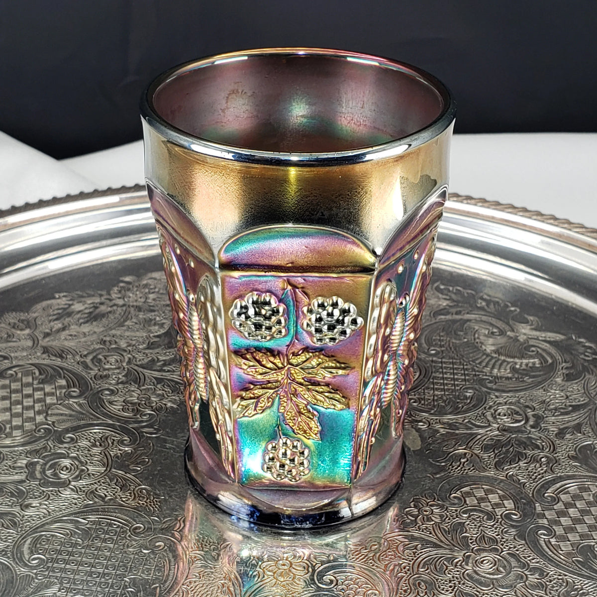 Antique Butterfly & Berry Tumbler – Fenton Carnival Glass in Cobalt Blue – Early 1900s