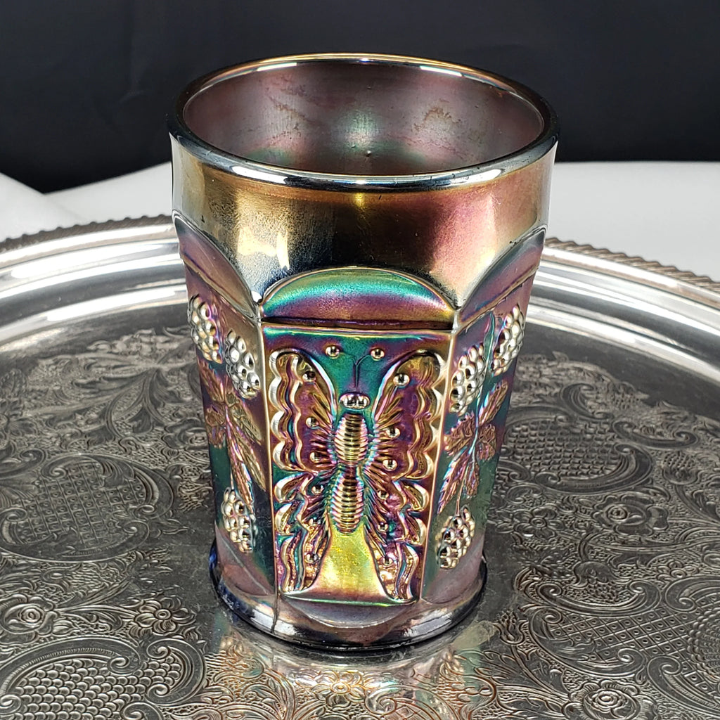 Antique Butterfly & Berry Tumbler – Fenton Carnival Glass in Cobalt Blue – Early 1900s