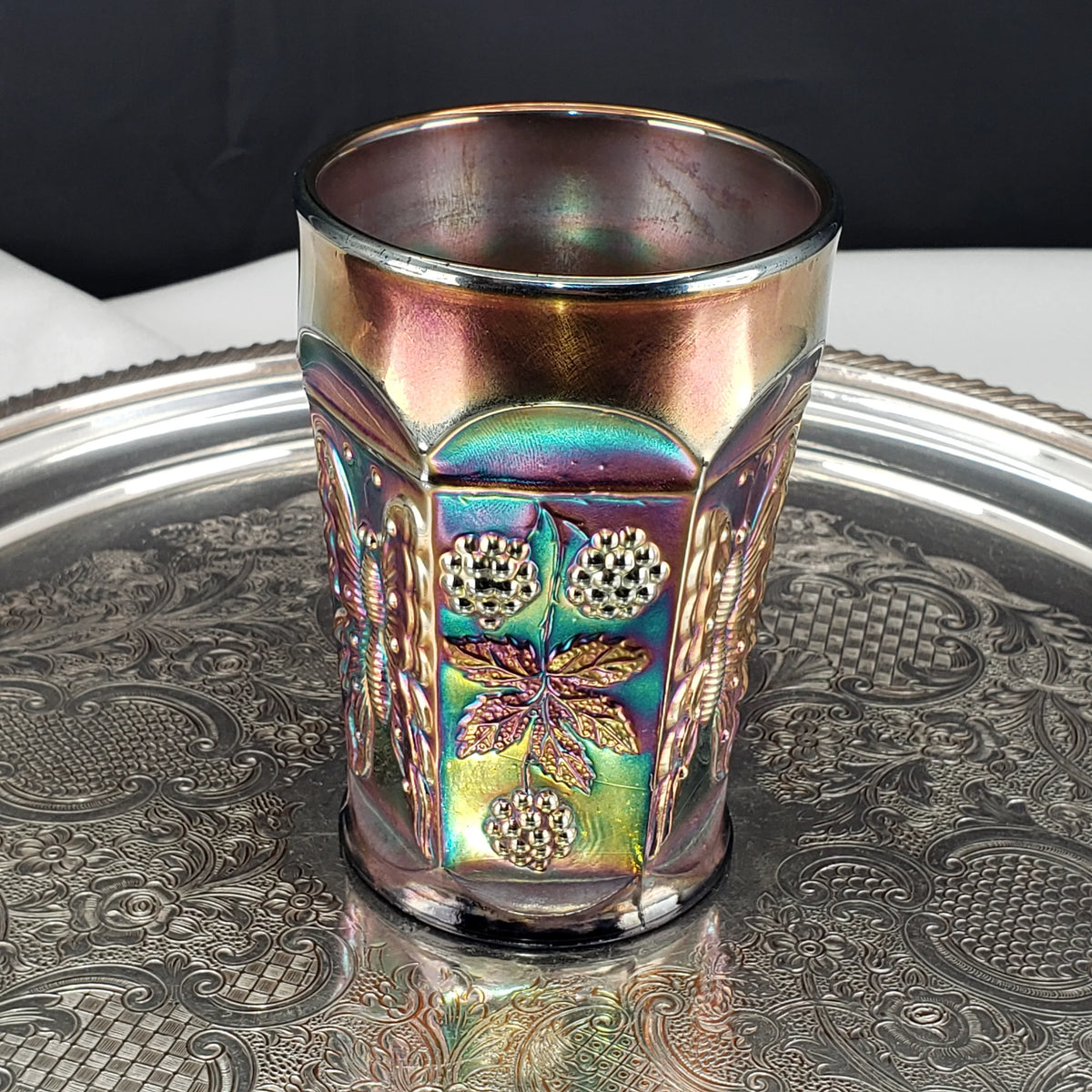 Antique Butterfly & Berry Tumbler – Fenton Carnival Glass in Cobalt Blue – Early 1900s