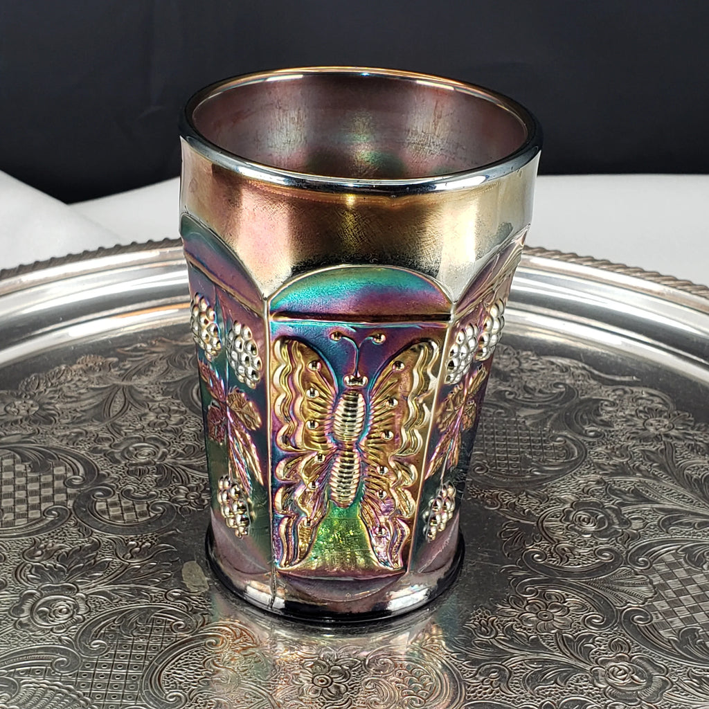 Antique Butterfly & Berry Tumbler – Fenton Carnival Glass in Cobalt Blue – Early 1900s
