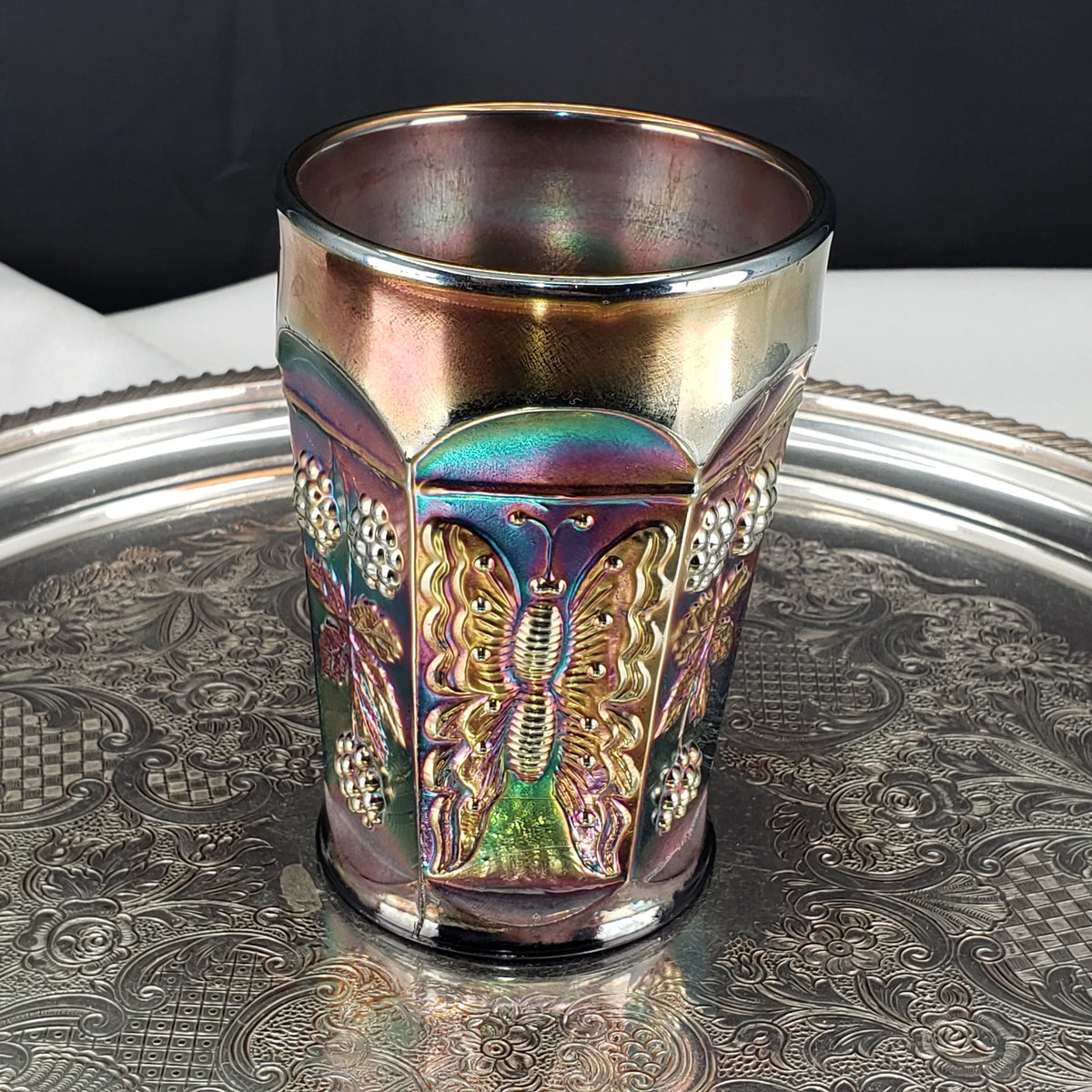 Antique Butterfly & Berry Tumbler – Fenton Carnival Glass in Cobalt Blue – Early 1900s