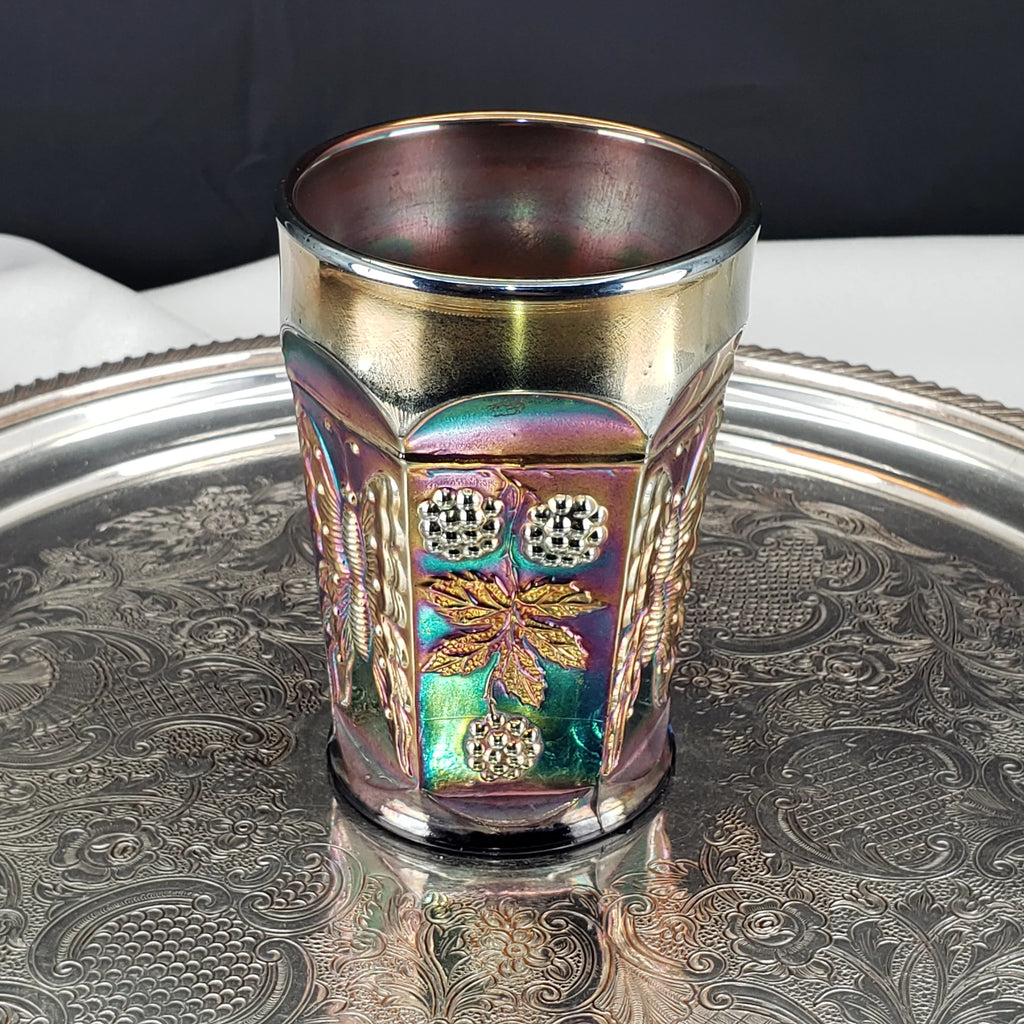 Antique Butterfly & Berry Tumbler – Fenton Carnival Glass in Cobalt Blue – Early 1900s