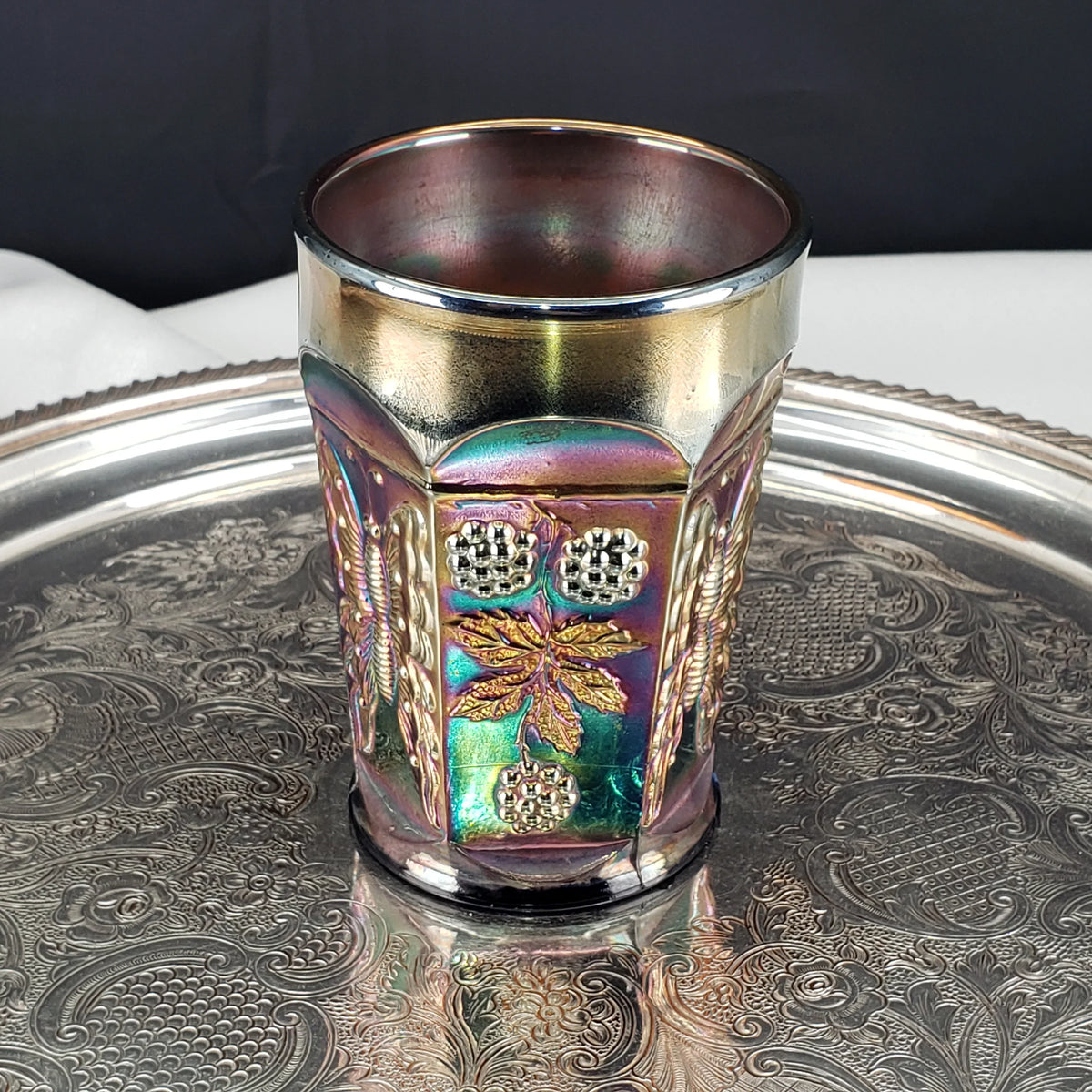 Antique Butterfly & Berry Tumbler – Fenton Carnival Glass in Cobalt Blue – Early 1900s