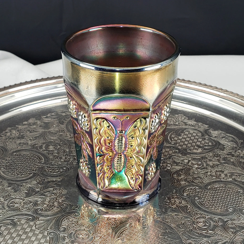Antique Butterfly & Berry Tumbler – Fenton Carnival Glass in Cobalt Blue – Early 1900s
