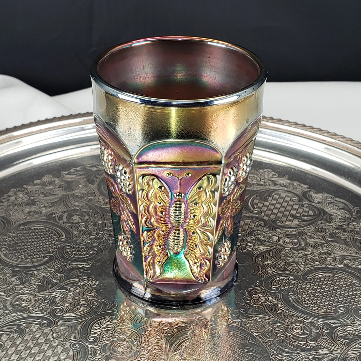 Antique Butterfly & Berry Tumbler – Fenton Carnival Glass in Cobalt Blue – Early 1900s