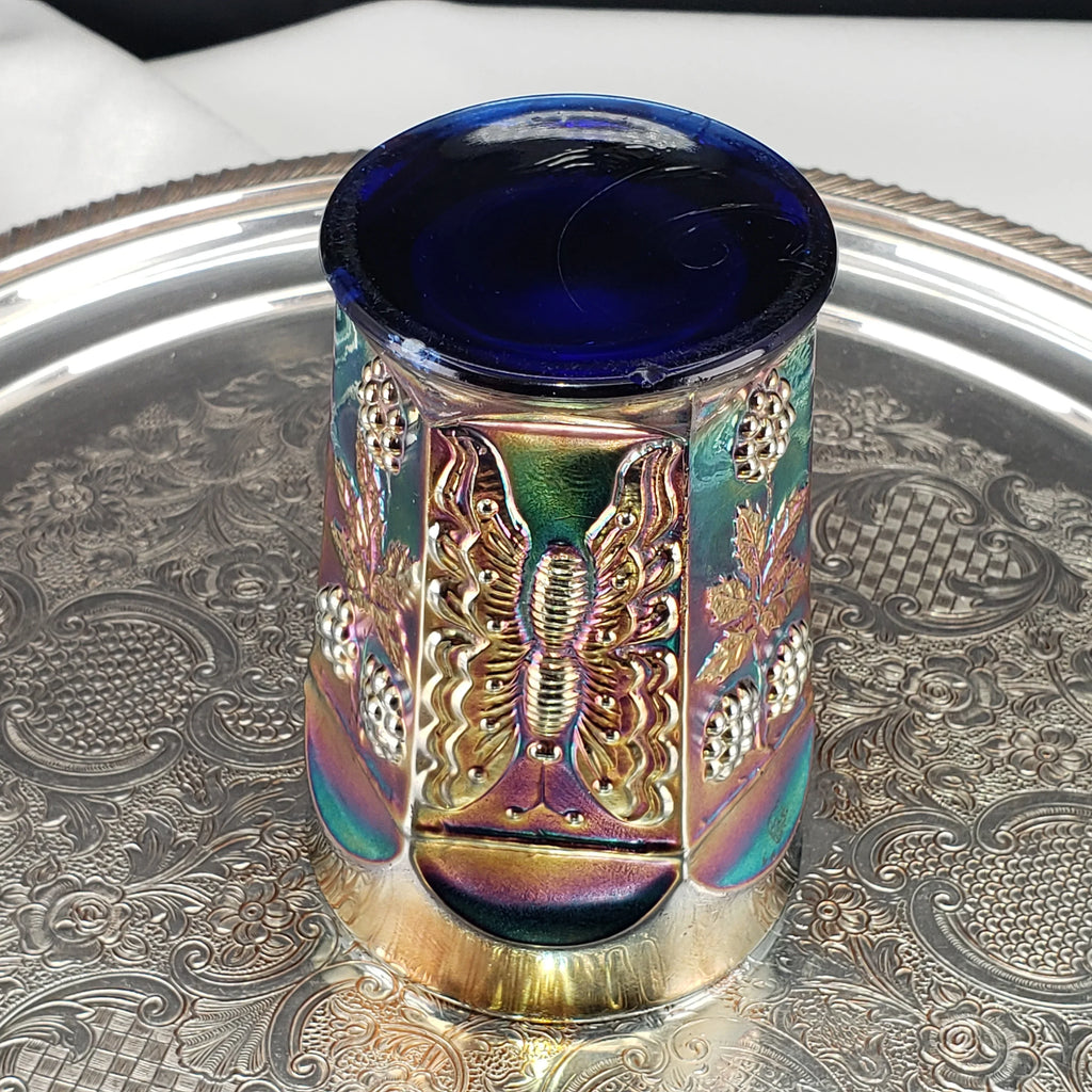 Antique Butterfly & Berry Tumbler – Fenton Carnival Glass in Cobalt Blue – Early 1900s