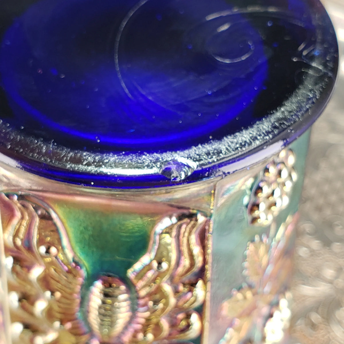 Antique Butterfly & Berry Tumbler – Fenton Carnival Glass in Cobalt Blue – Early 1900s