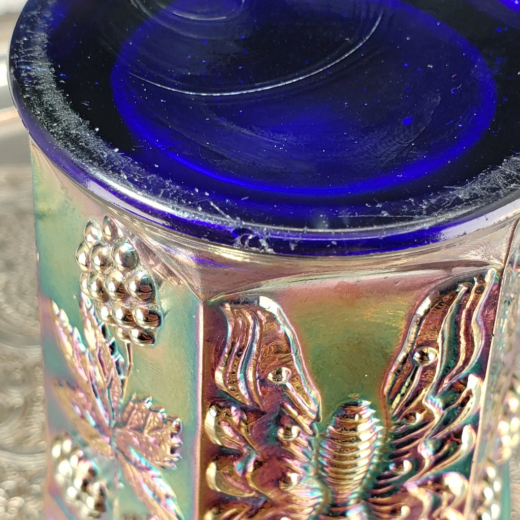 Antique Butterfly & Berry Tumbler – Fenton Carnival Glass in Cobalt Blue – Early 1900s