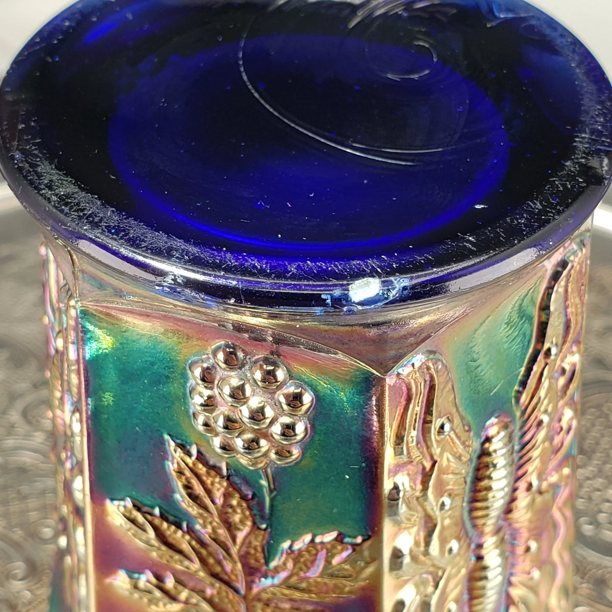 Antique Butterfly & Berry Tumbler – Fenton Carnival Glass in Cobalt Blue – Early 1900s