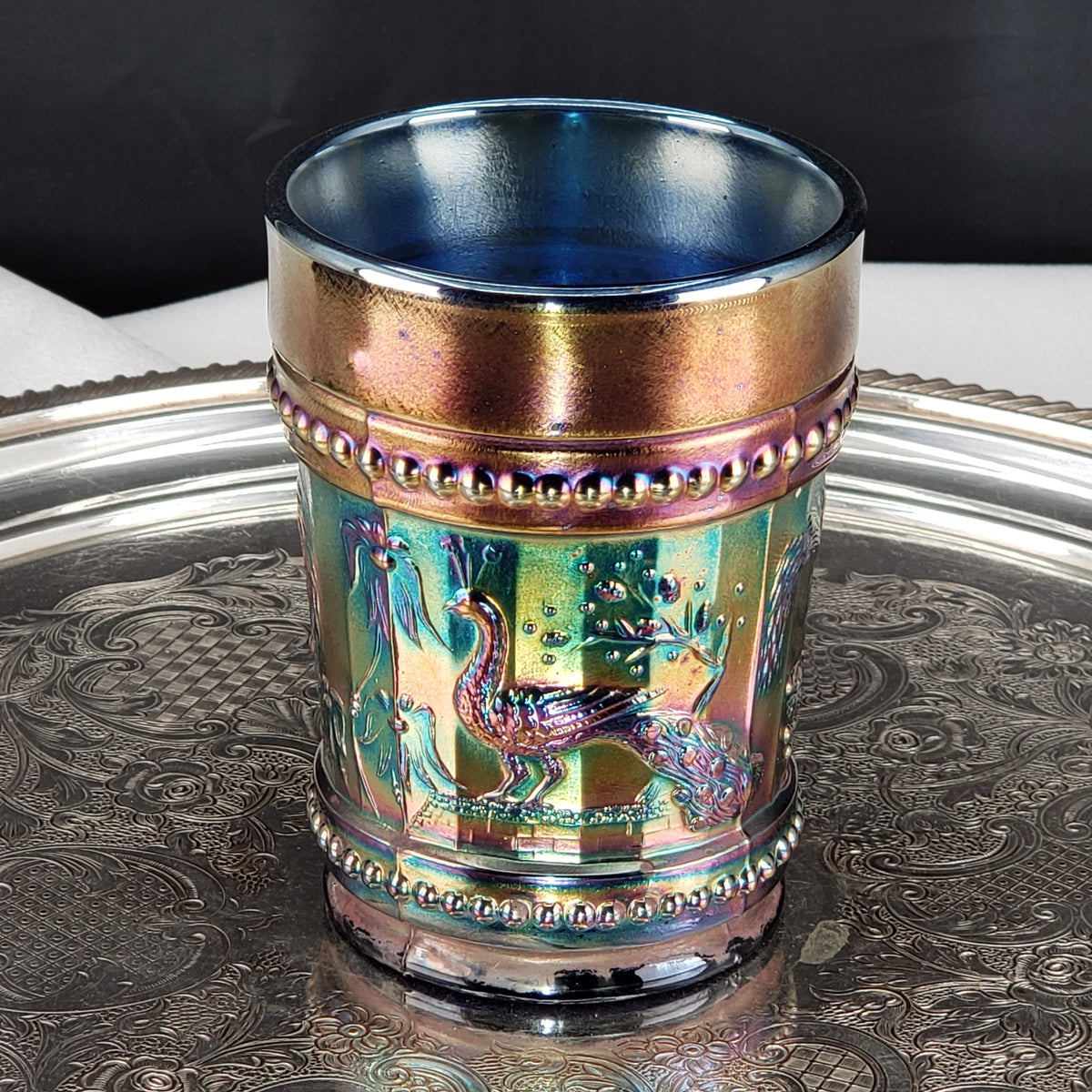 Antique Cobalt Blue Carnival Glass Tumbler – Dugan Glass – Peacock & Fountain Pattern – Early 1900s