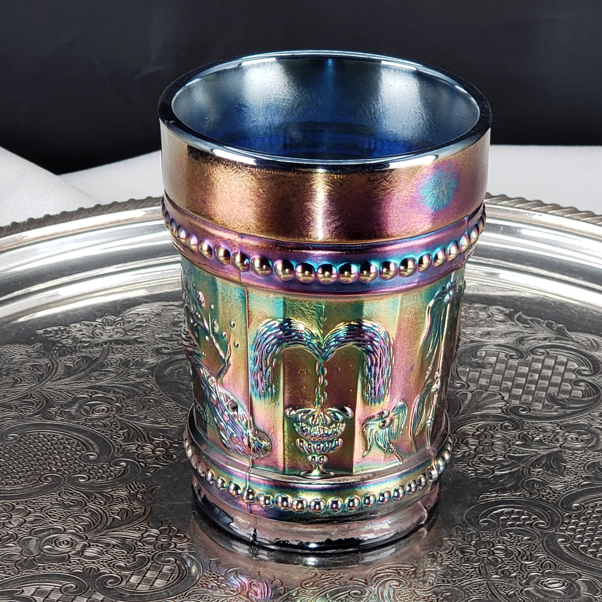 Antique Cobalt Blue Carnival Glass Tumbler – Dugan Glass – Peacock & Fountain Pattern – Early 1900s
