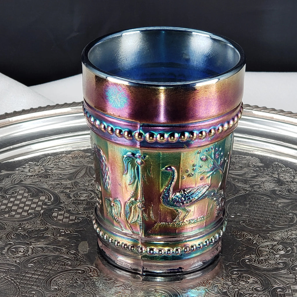 Antique Cobalt Blue Carnival Glass Tumbler – Dugan Glass – Peacock & Fountain Pattern – Early 1900s
