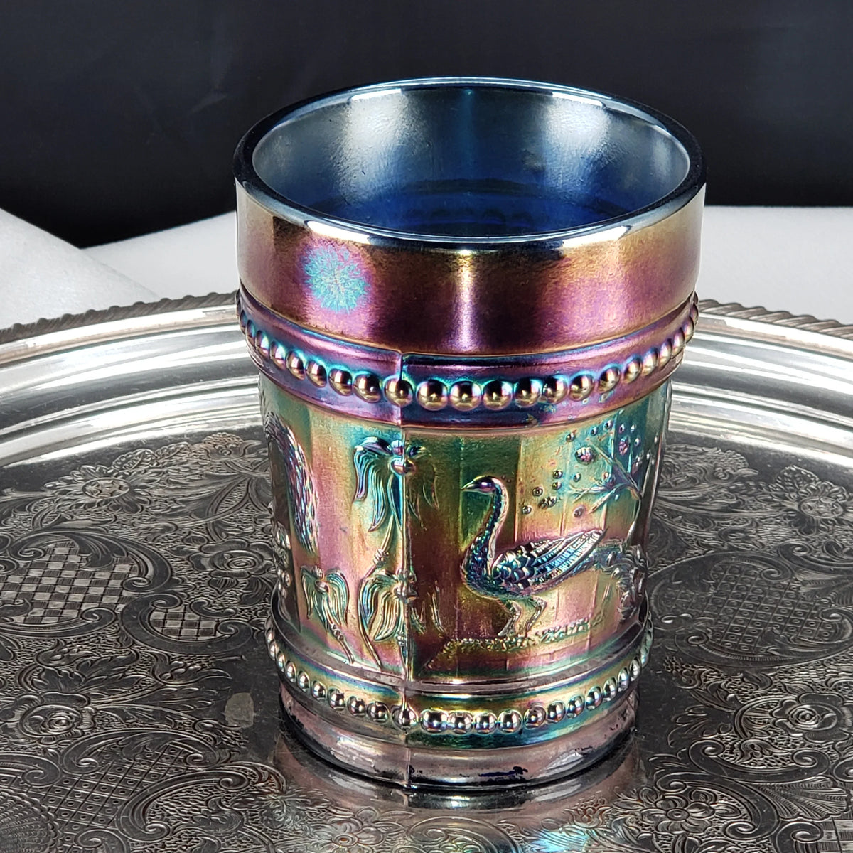 Antique Cobalt Blue Carnival Glass Tumbler – Dugan Glass – Peacock & Fountain Pattern – Early 1900s