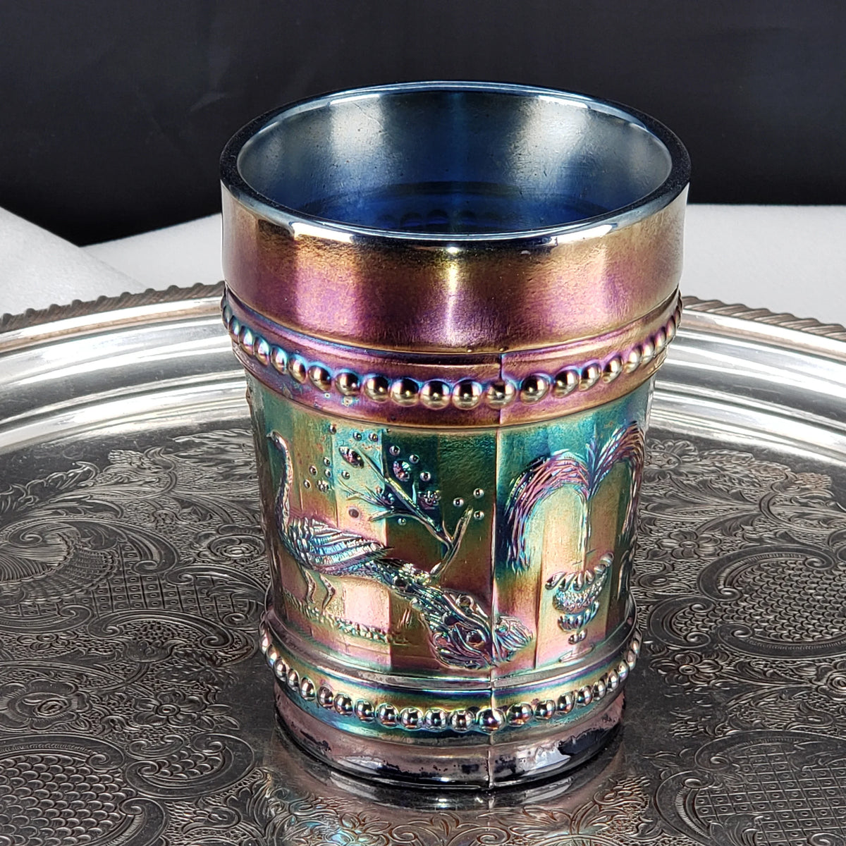 Antique Cobalt Blue Carnival Glass Tumbler – Dugan Glass – Peacock & Fountain Pattern – Early 1900s