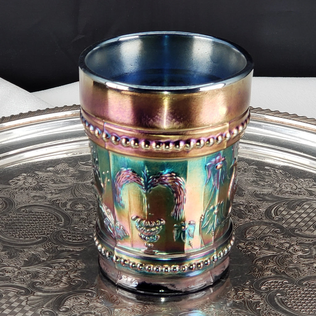 Antique Cobalt Blue Carnival Glass Tumbler – Dugan Glass – Peacock & Fountain Pattern – Early 1900s