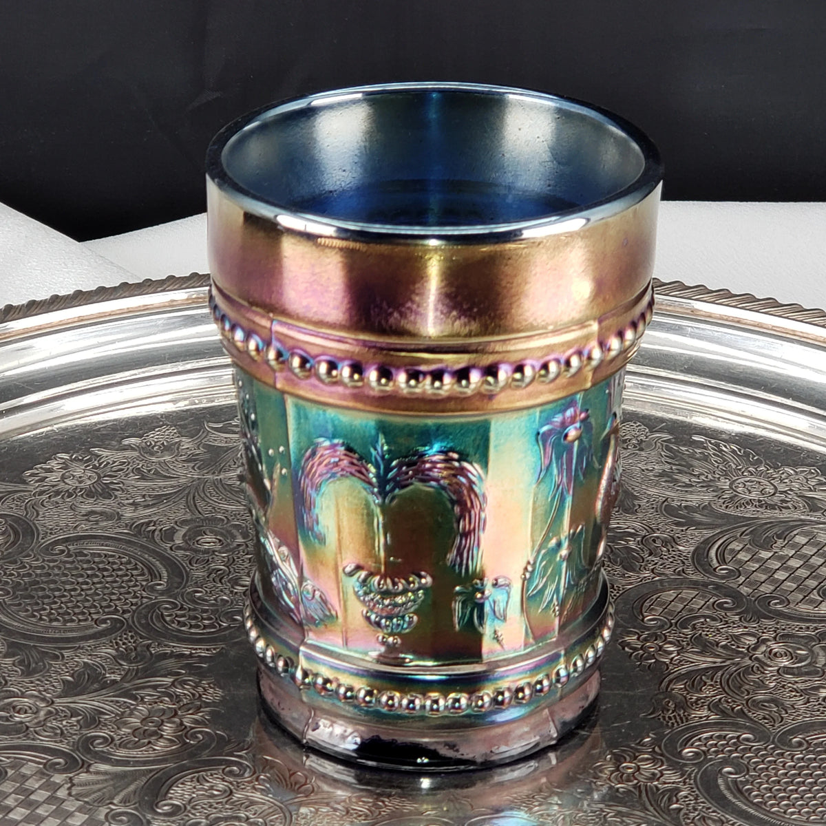 Antique Cobalt Blue Carnival Glass Tumbler – Dugan Glass – Peacock & Fountain Pattern – Early 1900s