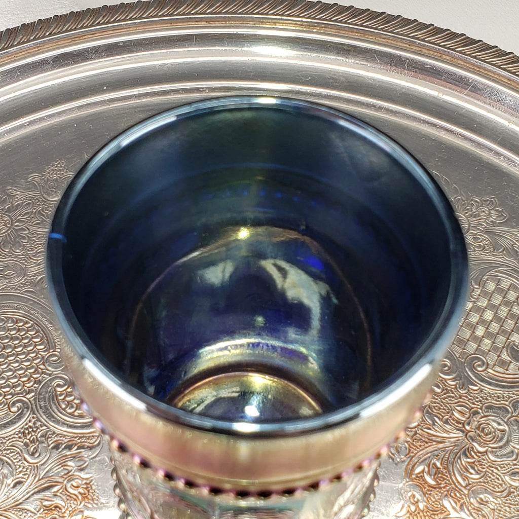 Antique Cobalt Blue Carnival Glass Tumbler – Dugan Glass – Peacock & Fountain Pattern – Early 1900s