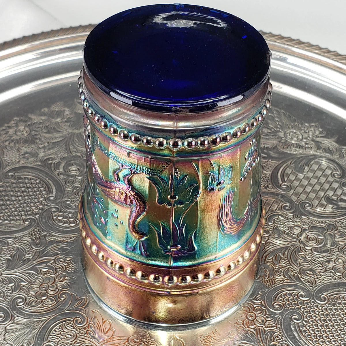 Antique Cobalt Blue Carnival Glass Tumbler – Dugan Glass – Peacock & Fountain Pattern – Early 1900s