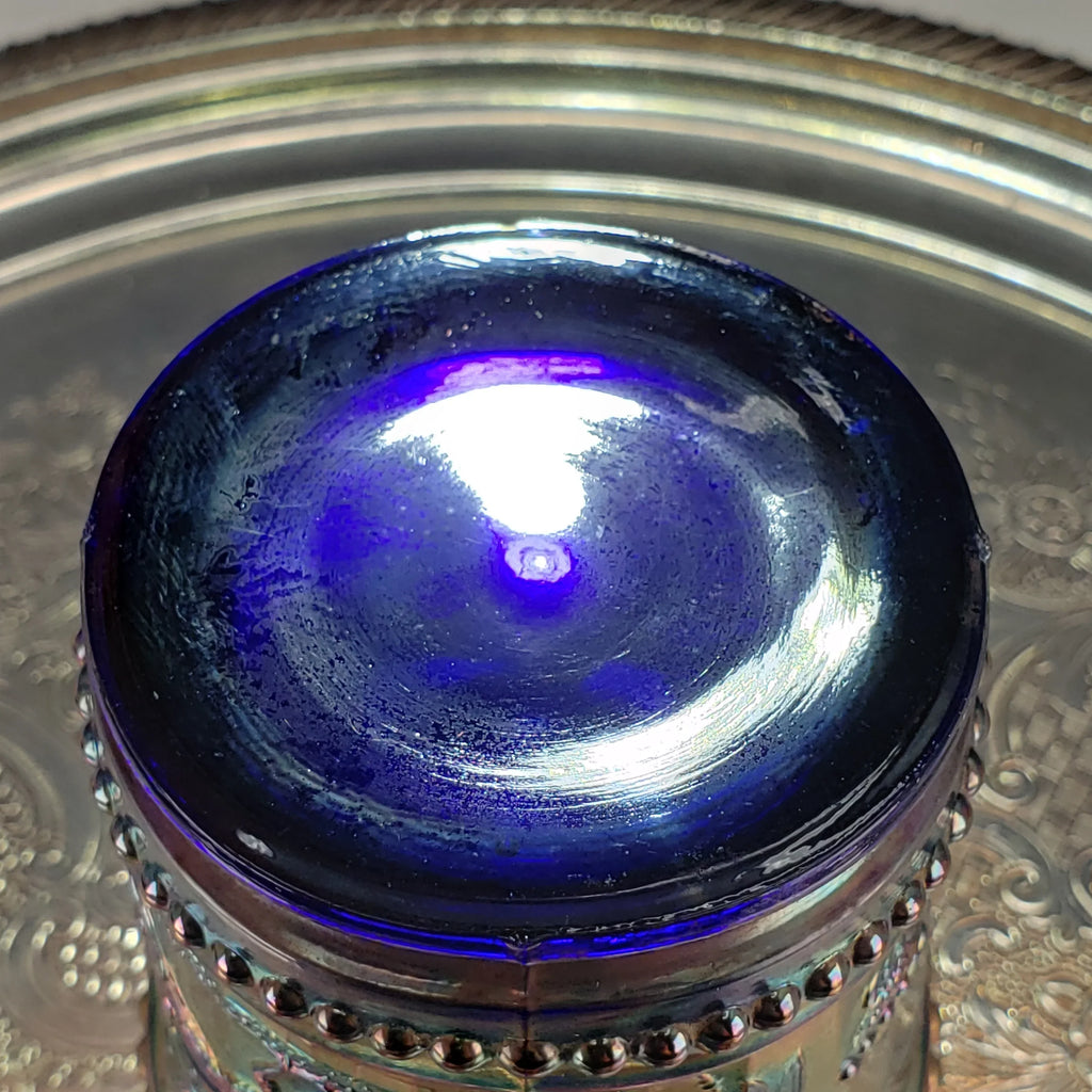 Antique Cobalt Blue Carnival Glass Tumbler – Dugan Glass – Peacock & Fountain Pattern – Early 1900s