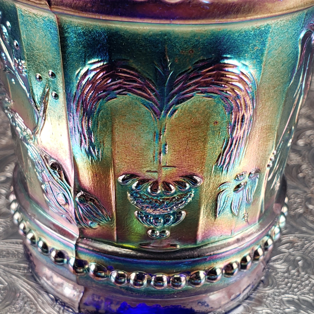 Antique Cobalt Blue Carnival Glass Tumbler – Dugan Glass – Peacock & Fountain Pattern – Early 1900s