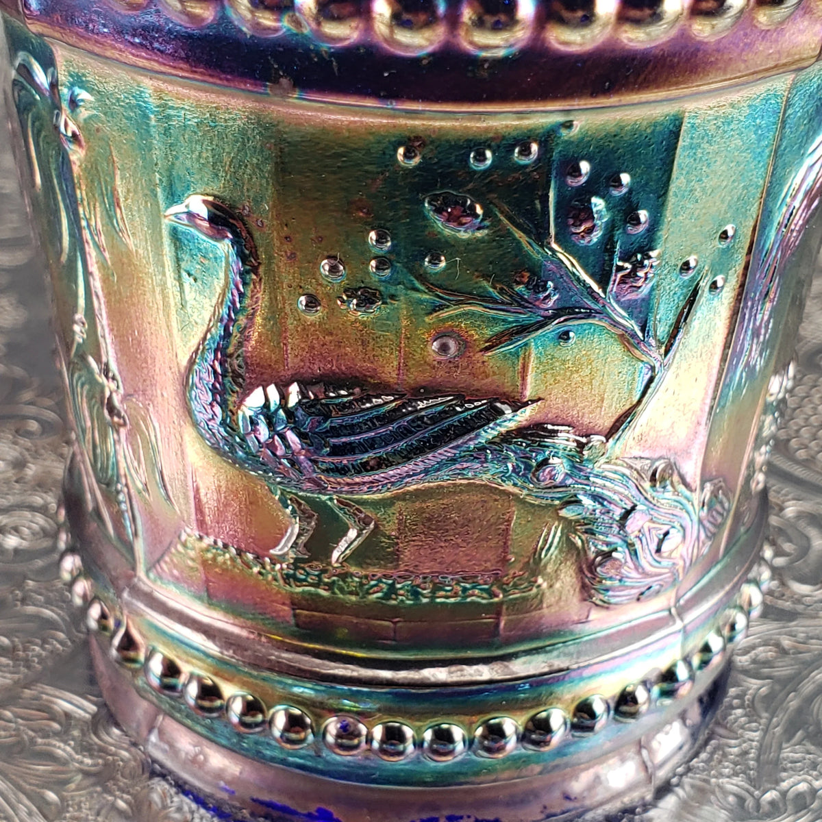 Antique Cobalt Blue Carnival Glass Tumbler – Dugan Glass – Peacock & Fountain Pattern – Early 1900s