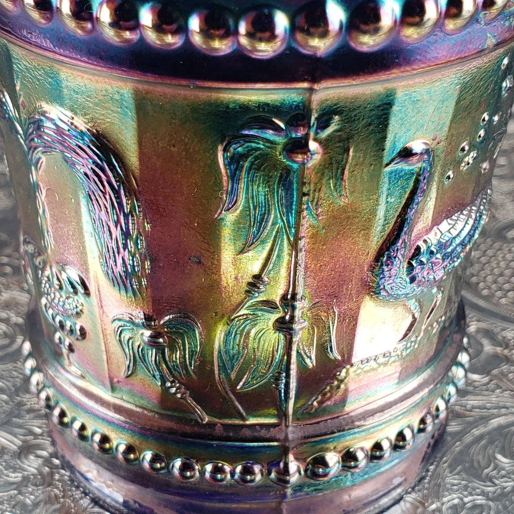 Antique Cobalt Blue Carnival Glass Tumbler – Dugan Glass – Peacock & Fountain Pattern – Early 1900s