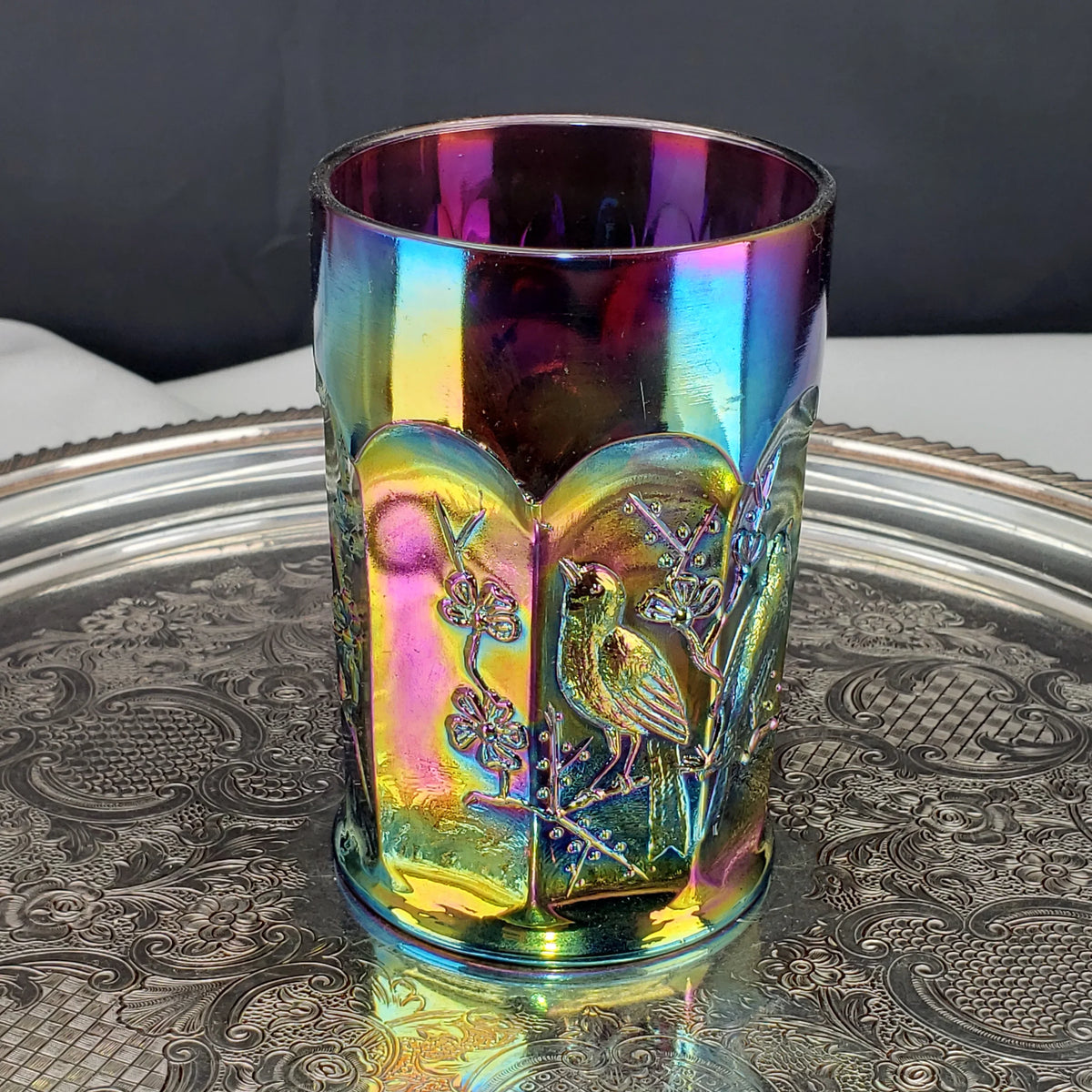 Rare Antique Northwood Carnival Glass Tumbler – Singing Birds Pattern – Amethyst Base – Early 1900s