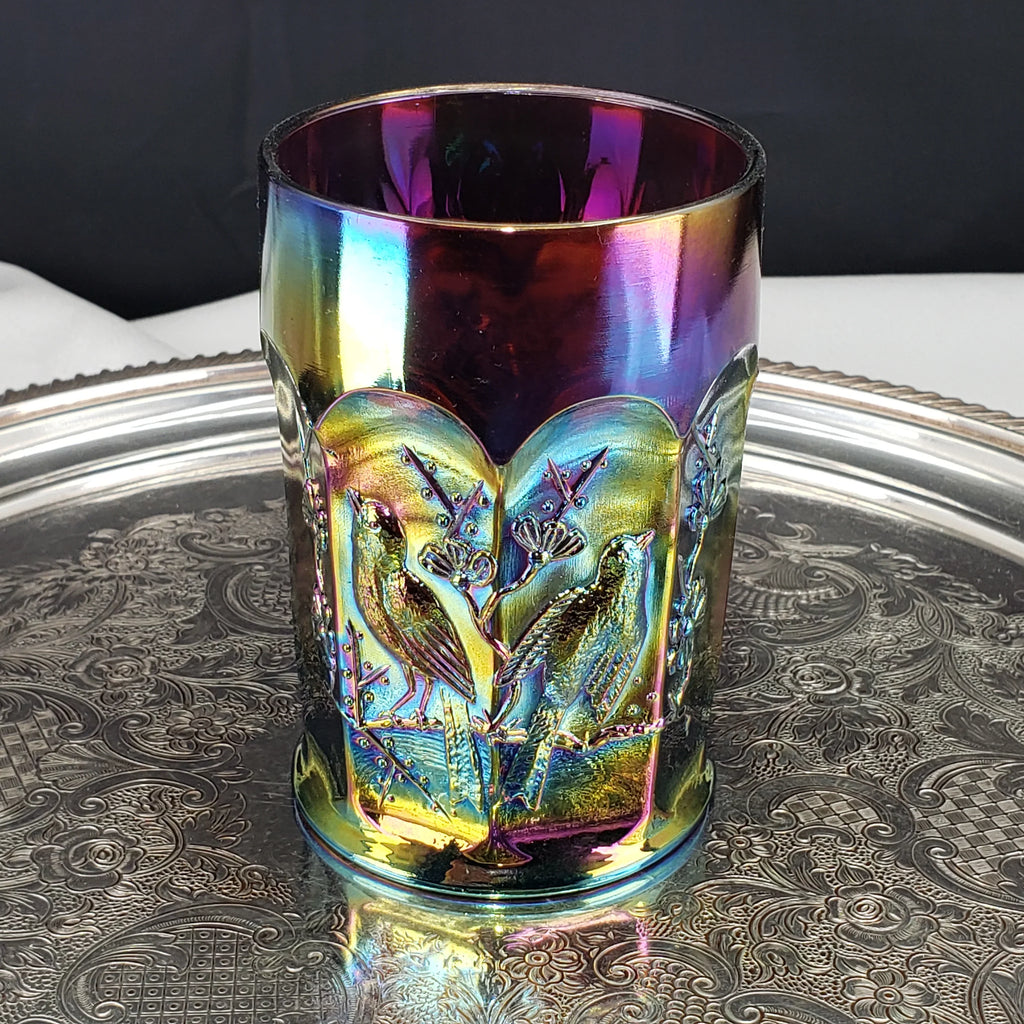 Rare Antique Northwood Carnival Glass Tumbler – Singing Birds Pattern – Amethyst Base – Early 1900s