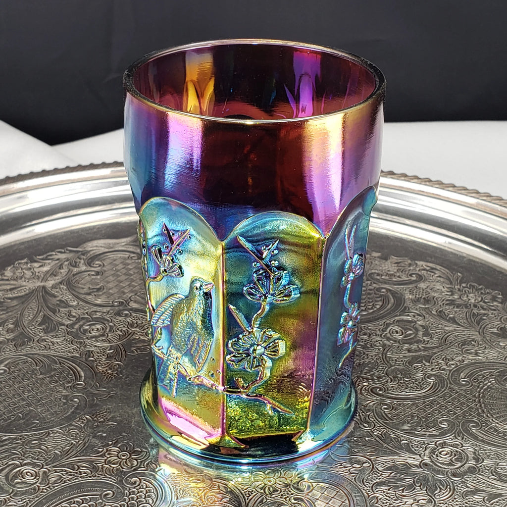 Rare Antique Northwood Carnival Glass Tumbler – Singing Birds Pattern – Amethyst Base – Early 1900s