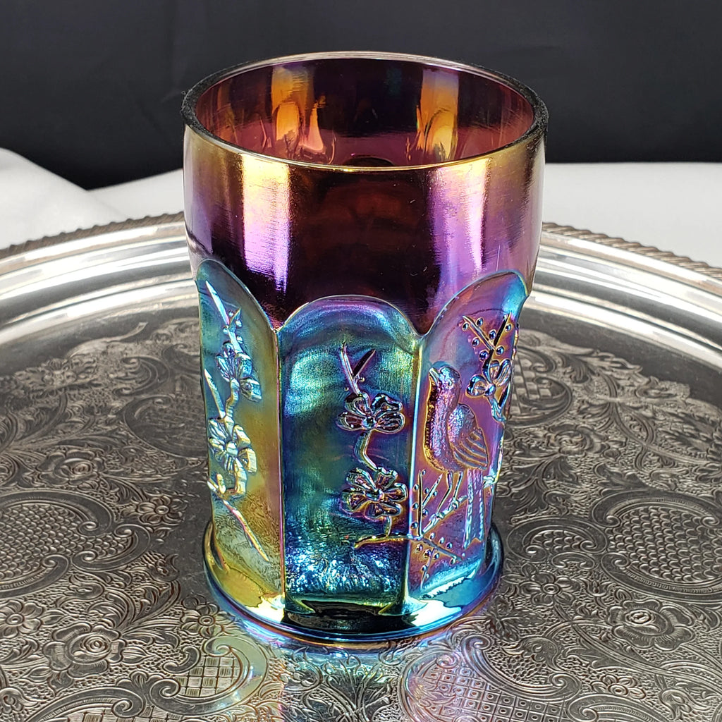 Rare Antique Northwood Carnival Glass Tumbler – Singing Birds Pattern – Amethyst Base – Early 1900s