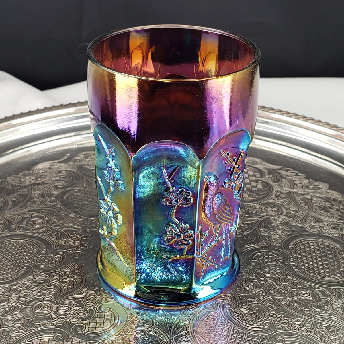 Rare Antique Northwood Carnival Glass Tumbler – Singing Birds Pattern – Amethyst Base – Early 1900s