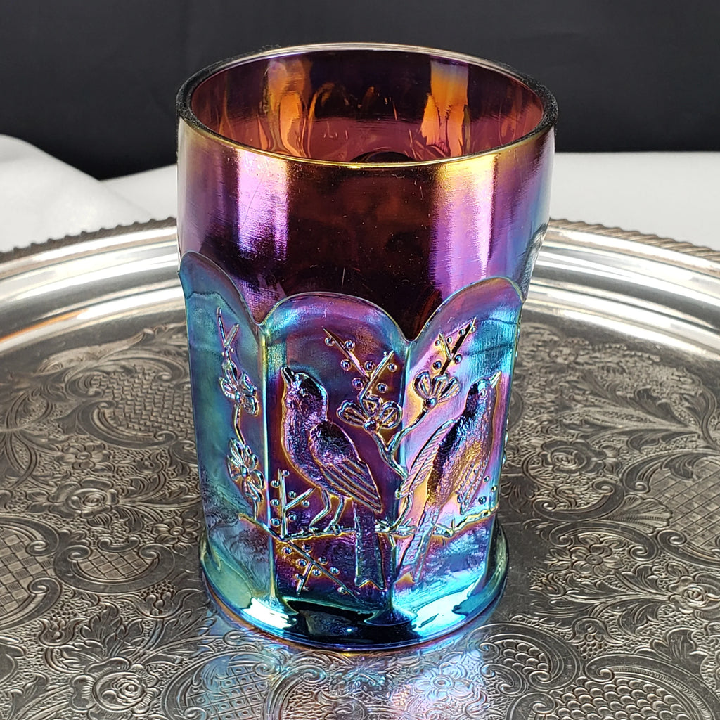 Rare Antique Northwood Carnival Glass Tumbler – Singing Birds Pattern – Amethyst Base – Early 1900s