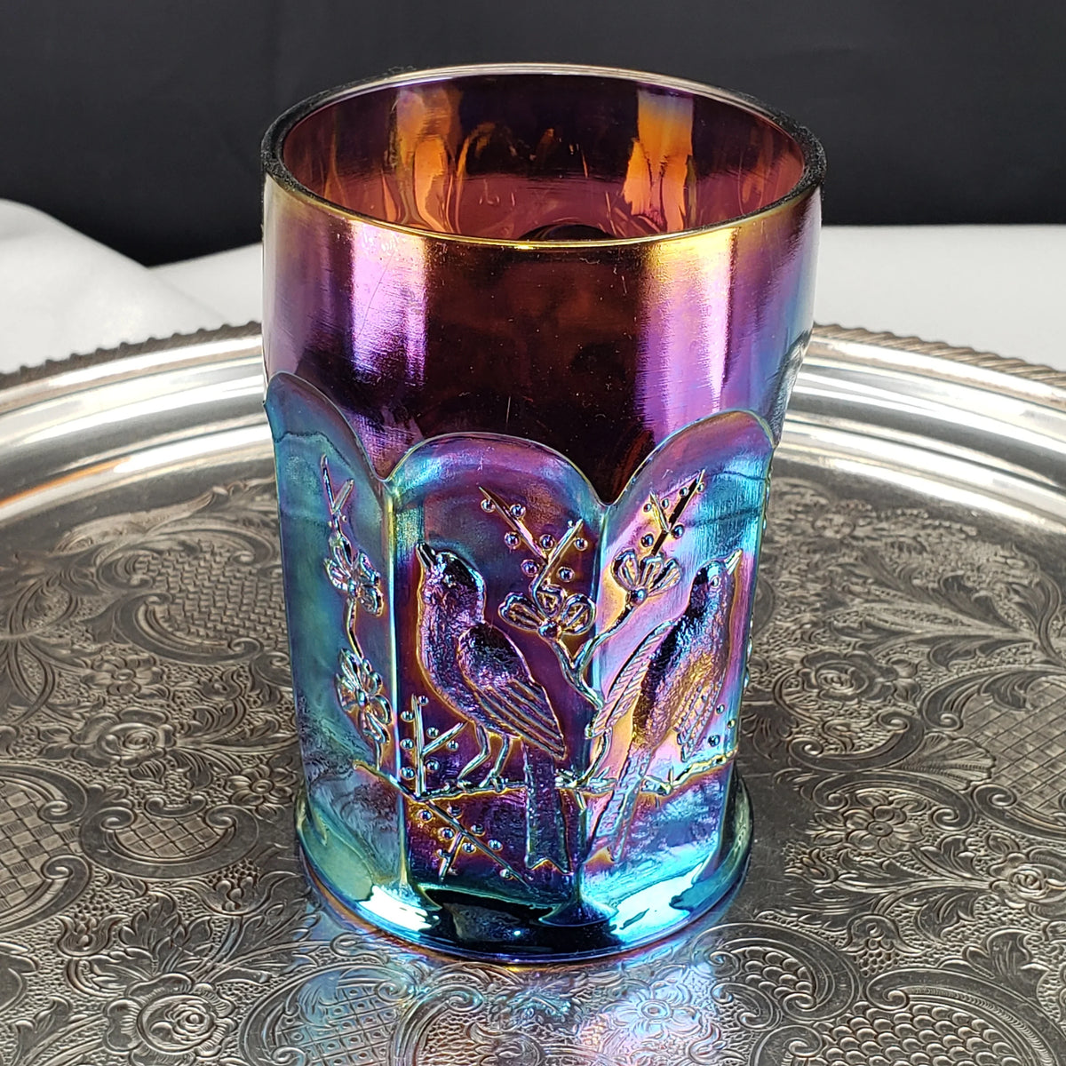 Rare Antique Northwood Carnival Glass Tumbler – Singing Birds Pattern – Amethyst Base – Early 1900s