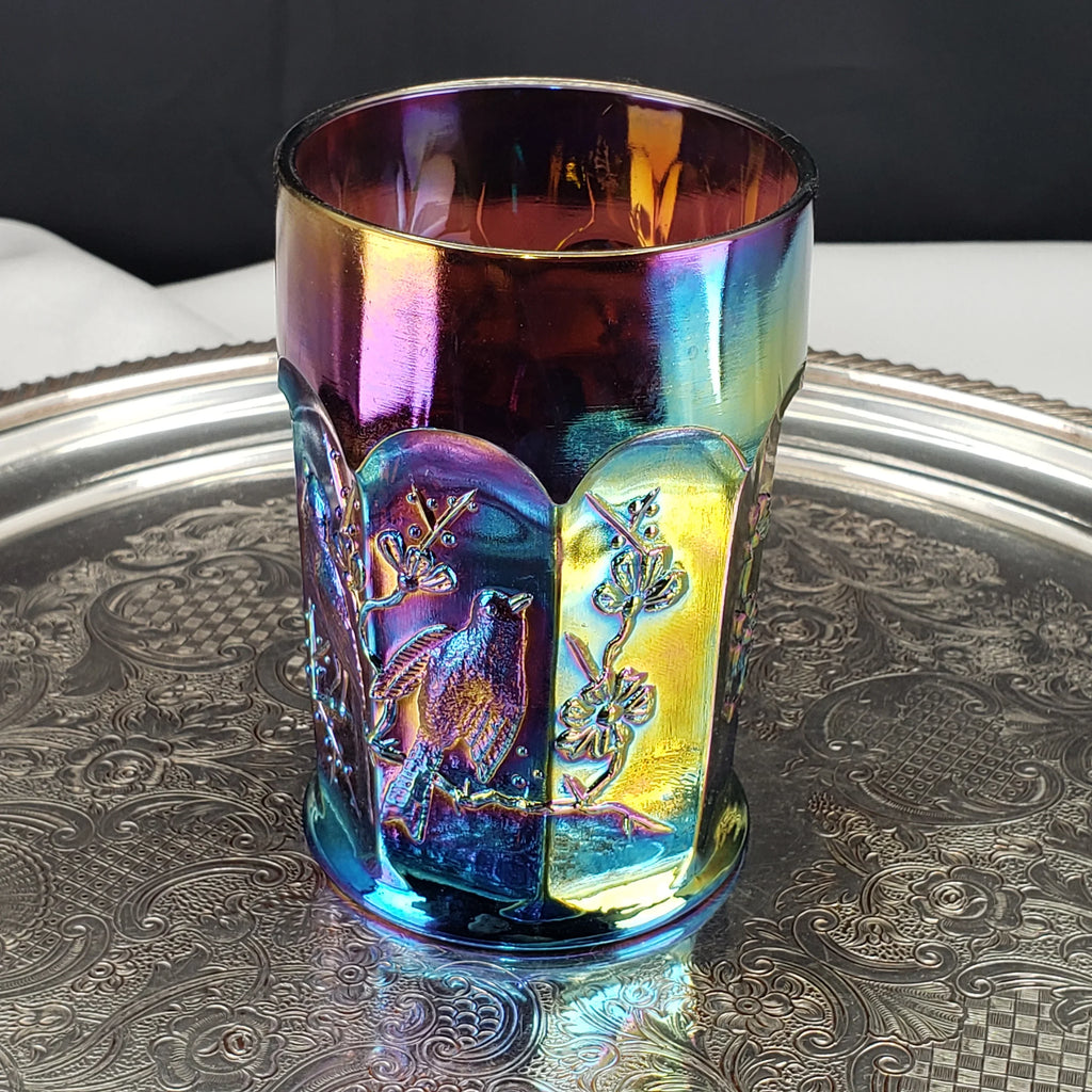 Rare Antique Northwood Carnival Glass Tumbler – Singing Birds Pattern – Amethyst Base – Early 1900s