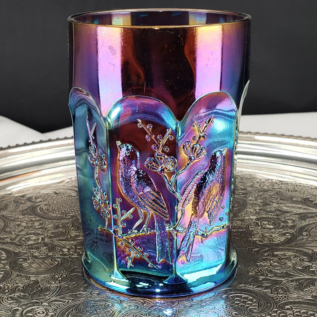 Rare Antique Northwood Carnival Glass Tumbler – Singing Birds Pattern – Amethyst Base – Early 1900s
