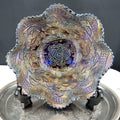 Antique Fenton Two Flowers Carnival Glass Bowl – Cobalt Blue Base – Ball Footed Iridescent Bowl