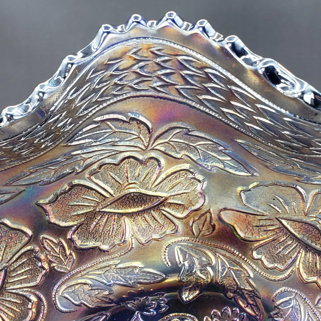 Antique Fenton Two Flowers Carnival Glass Bowl – Cobalt Blue Base – Ball Footed Iridescent Bowl