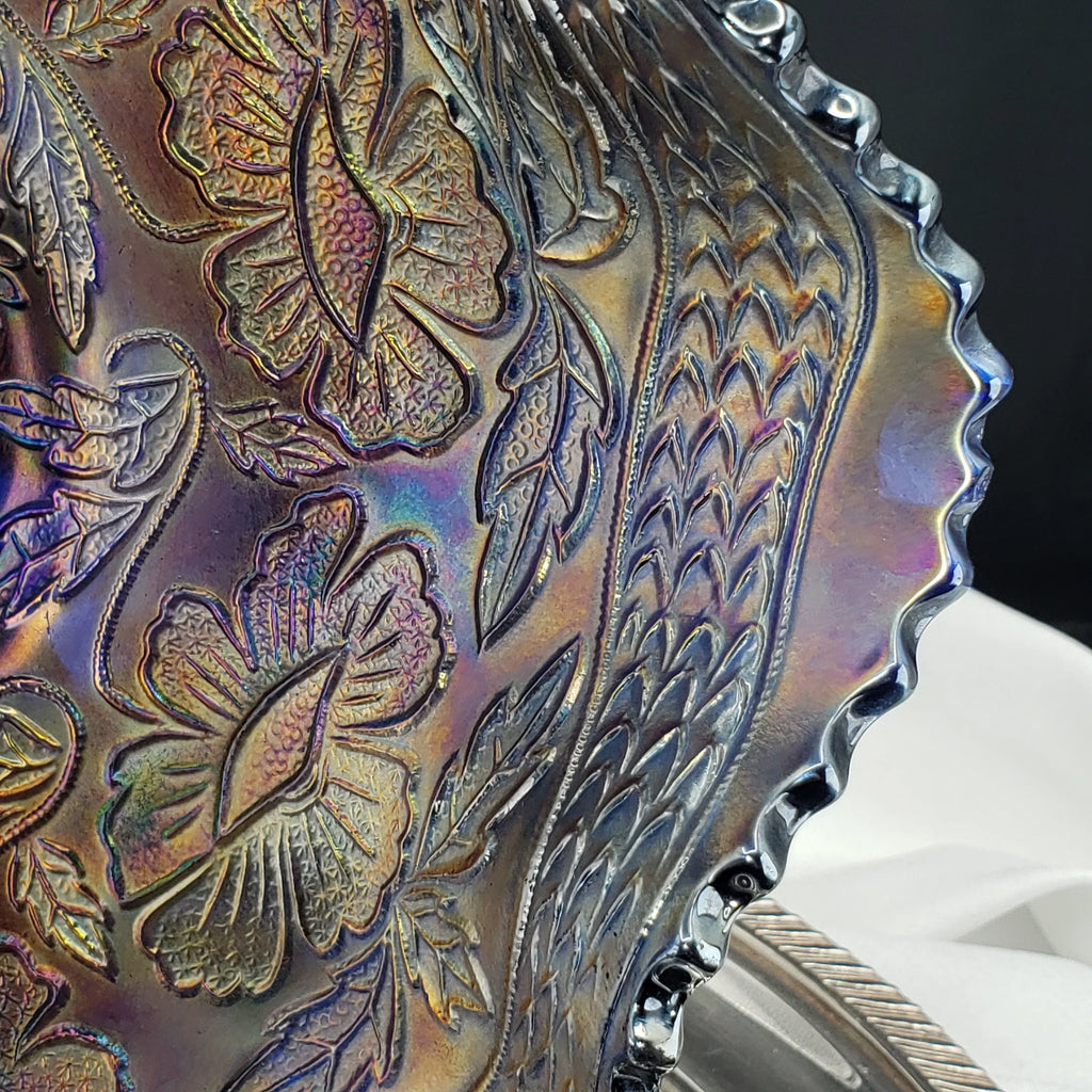 Antique Fenton Two Flowers Carnival Glass Bowl – Cobalt Blue Base – Ball Footed Iridescent Bowl